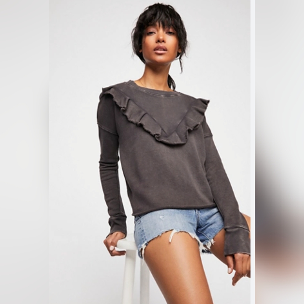 Free People Gray Ruffle Sweater